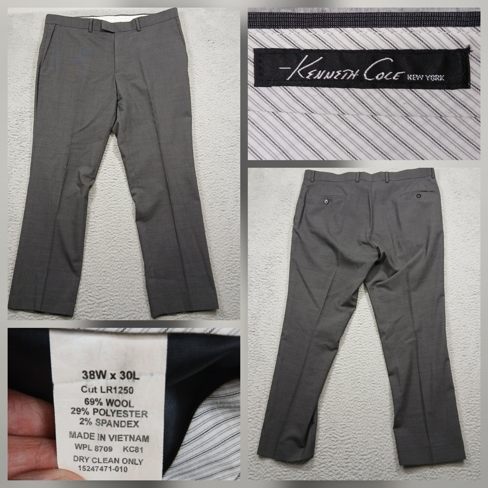 Kenneth Cole New York Dress Pants Men's 38x30 Gray Wool‎ Blend Flat Front